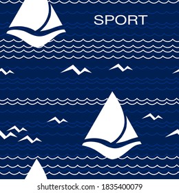 Seamless pattern with stylized sailboats, waves, seagulls and word SPORT 