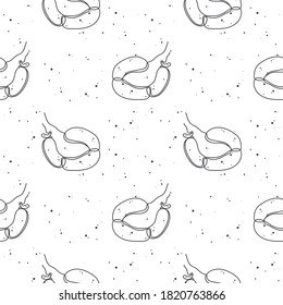 Patrón sin foco con salchichas estilizadas sobre un fondo blanco. Salchicha de carne. Papel tapiz, impresión, papel envolvente, diseño textil moderno, pancarta, afiche. Ilustración vectorial.