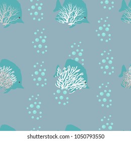 Seamless pattern of stylized sea fish on a gray background. For decoration of textiles, packaging, wallpaper. Vector illustration.