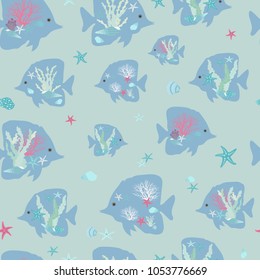 Seamless pattern of stylized sea fish on a blue background. For decorating textiles, packaging and wallpaper. Vector illustration.