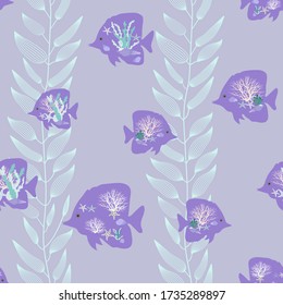 Patrón sin foco de peces estilizados en un fondo lila. Para decorar textiles, embalajes y papel pintado. Ilustración vectorial.