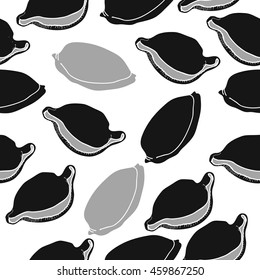 Seamless   pattern of  stylized  sea  motif, doodles,  spot,hole,cowrie, shell, object  . Hand drawn.