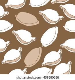 Seamless   pattern of  stylized  sea  motif, doodles,  spot,hole,cowrie, shell, object  . Hand drawn.