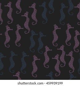 Seamless   pattern of  stylized  sea  motif, doodles,  spot,hole,sea Horses, spirals, object  . Hand drawn.
