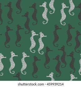 Seamless   pattern of  stylized  sea  motif, doodles,  spot,hole,sea Horses, spirals, object  . Hand drawn.