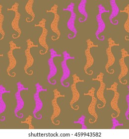 Seamless   pattern of  stylized  sea  motif, doodles,  spot,hole,sea Horses, spirals, object  . Hand drawn.