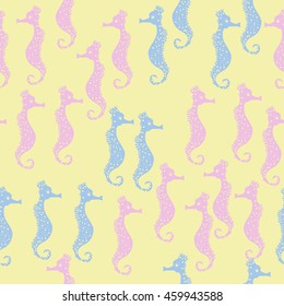 Seamless   pattern of  stylized  sea  motif, doodles,  spot,hole,sea Horses, spirals, object  . Hand drawn.