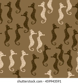 Seamless   pattern of  stylized  sea  motif, doodles,  spot,hole,sea Horses, spirals, object  . Hand drawn.