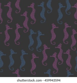 Seamless   pattern of  stylized  sea  motif, doodles,  spot,hole,sea Horses, spirals, object  . Hand drawn.