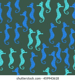 Seamless   pattern of  stylized  sea  motif, doodles,  spot,hole,sea Horses, spirals, object  . Hand drawn.