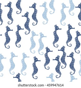 Seamless   pattern of  stylized  sea  motif, doodles,  spot,hole,sea Horses, spirals, object  . Hand drawn.