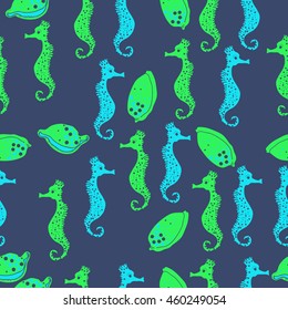 Seamless  pattern of  stylized  sea  motif, doodles,  spot,hole,sea Horses, shells, cowries, spirals, object . Hand drawn.