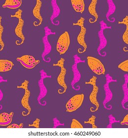 Seamless  pattern of  stylized  sea  motif, doodles,  spot,hole,sea Horses, shells, cowries, spirals, object . Hand drawn.