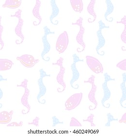 Seamless  pattern of  stylized  sea  motif, doodles,  spot,hole,sea Horses, shells, cowries, spirals, object . Hand drawn.