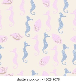 Seamless  pattern of  stylized  sea  motif, doodles,  spot,hole,sea Horses, shells, cowries, spirals, object . Hand drawn.