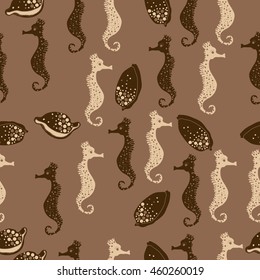 Seamless  pattern of  stylized  sea  motif, doodles,  spot,hole,sea Horses, shells, cowries, spirals, object . Hand drawn.