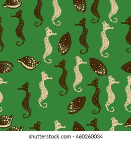 Seamless  pattern of  stylized  sea  motif, doodles,  spot,hole,sea Horses, shells, cowries, spirals, object . Hand drawn.
