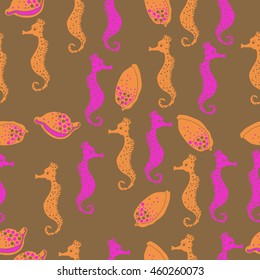 Seamless  pattern of  stylized  sea  motif, doodles,  spot,hole,sea Horses, shells, cowries, spirals, object . Hand drawn.