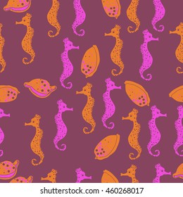 Seamless  pattern of  stylized  sea  motif, doodles,  spot,hole,sea Horses, shells, cowries, spirals, object . Hand drawn.