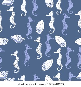 Seamless  pattern of  stylized  sea  motif, doodles,  spot,hole,sea Horses, shells, cowries, spirals, object . Hand drawn.