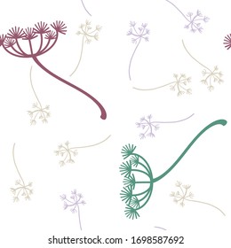 A seamless pattern of stylized seeds of Heracleum plant in shades of green, beige, and dark red