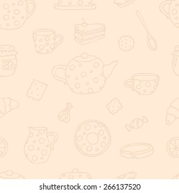 A seamless pattern of stylized set for breakfast in light-brown color