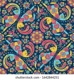 Seamless pattern with stylized shapes of rabbit, hearts and flowers. Vector illustration