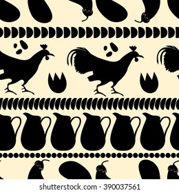Seamless pattern with stylized silhouette of cock, eggplant, jar and some decorative elements. Good for fabric.