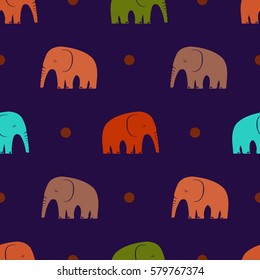 Seamless pattern with stylized silhouettes of elephants and polka dots.