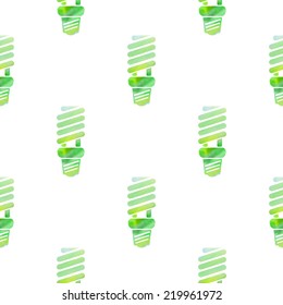 Seamless pattern with stylized silhouettes of energy efficient lamps with watercolor texture