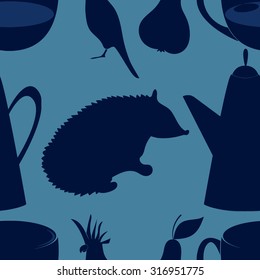 Seamless pattern with stylized silhouettes of hedgehog, teapot, parrot cockatoo, cup and pear. Blue color scheme.