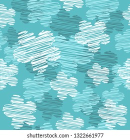 Seamless pattern with stylized simple floret of gnarled cracking lines. Blue vintage uneven background with white scribbleflowers. Great for apparel, fashion, scrapbooking, card, birthday, baby.Eps-8