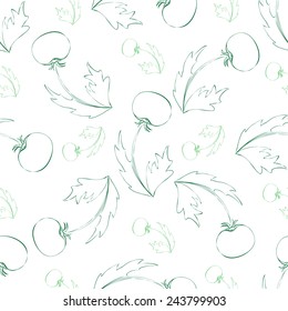 Seamless pattern of stylized sketch dandelion flowers in shades of green on a white background for design, gift wrapping, covers, textiles, craft, etc.
