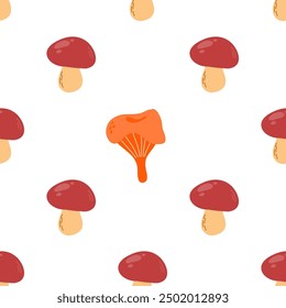 Seamless pattern with stylized sketches of edible mushrooms chanterelle and porcini mushrooms.