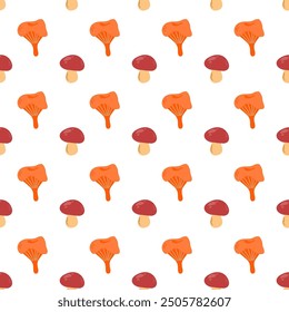 Seamless pattern with stylized sketches of edible mushrooms chanterelle and porcini mushrooms.