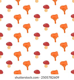 Seamless pattern with stylized sketches of edible mushrooms chanterelle and porcini mushrooms.