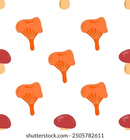 Seamless pattern with stylized sketches of edible mushrooms chanterelle and porcini mushrooms.