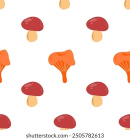 Seamless pattern with stylized sketches of edible mushrooms chanterelle and porcini mushrooms.