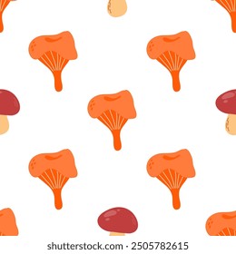 Seamless pattern with stylized sketches of edible mushrooms chanterelle and porcini mushrooms.