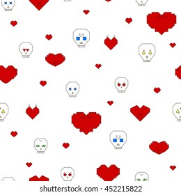 Seamless pattern with stylized skulls and hearts on a white background. Skull with different characters and colored eyes. Hearts of different shapes with different decorations. Vector illustration