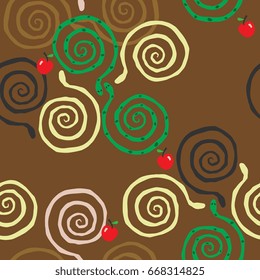 Seamless pattern with stylized snakes and apples. Colorful on a brown background. Funny cartoon style. Biblical metaphor, mythology, archetypes, maze and spirals.