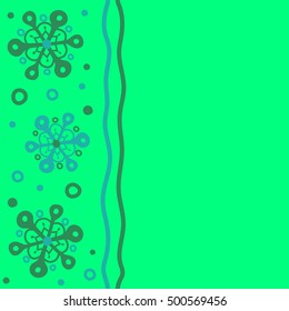 Seamless pattern of stylized snowflakes and dots on green background. Vertical vector abstract design with copy space (place for your text).