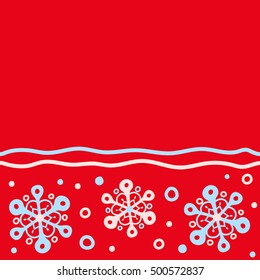 Seamless pattern of stylized snowflakes and dots on red background. Horizontal vector abstract design with copy space (place for your text).