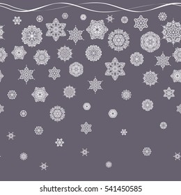 Seamless pattern of stylized snowflakes and dots on neutral background. Vector abstract design.