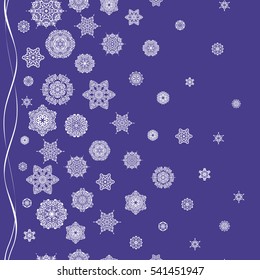 Seamless pattern of stylized snowflakes and dots on violet background. Vector abstract design.