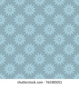 Seamless pattern with stylized snowflakes. Light blue seamless pattern with round symmetric ornament. Illustration can be used for background, textile, paper, scrapbooking