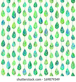 Seamless pattern of stylized spring leaves as droplets on threads.