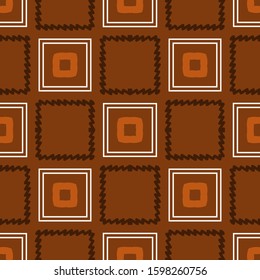 Seamless pattern with stylized squares and other decorative elements on a brown background. Vector illustration