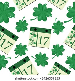 seamless pattern stylized for St. Patrick's Day in green colors and decorated with green four-leaf clover and calendar with date, for poster or design or posters