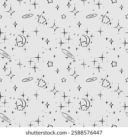 seamless pattern with stylized stars, clouds and moon, handmade drawing, vector
